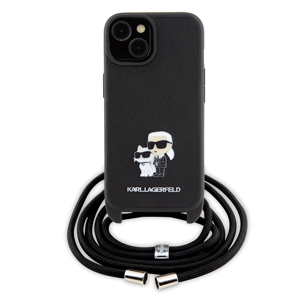 Deksel for Apple iPhone 15, Karl Lagerfeld, Saffiano Crossbody Metal Pin Karl & Choupette, Svart