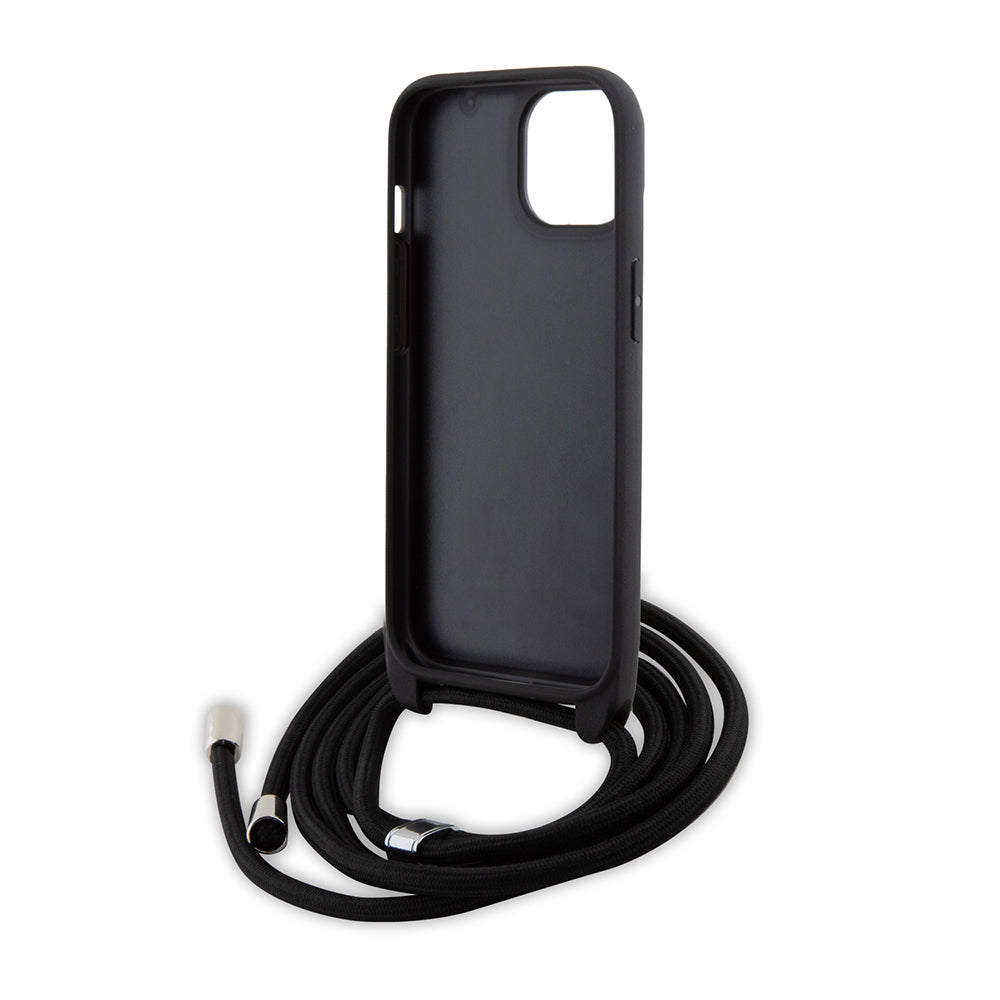 Deksel for Apple iPhone 15, Karl Lagerfeld, Saffiano Crossbody Metal Pin Karl & Choupette, Svart
