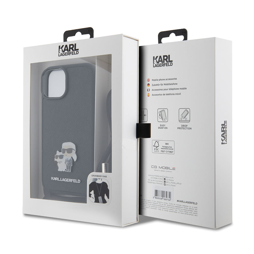 Deksel for Apple iPhone 15, Karl Lagerfeld, Saffiano Crossbody Metal Pin Karl & Choupette, Svart