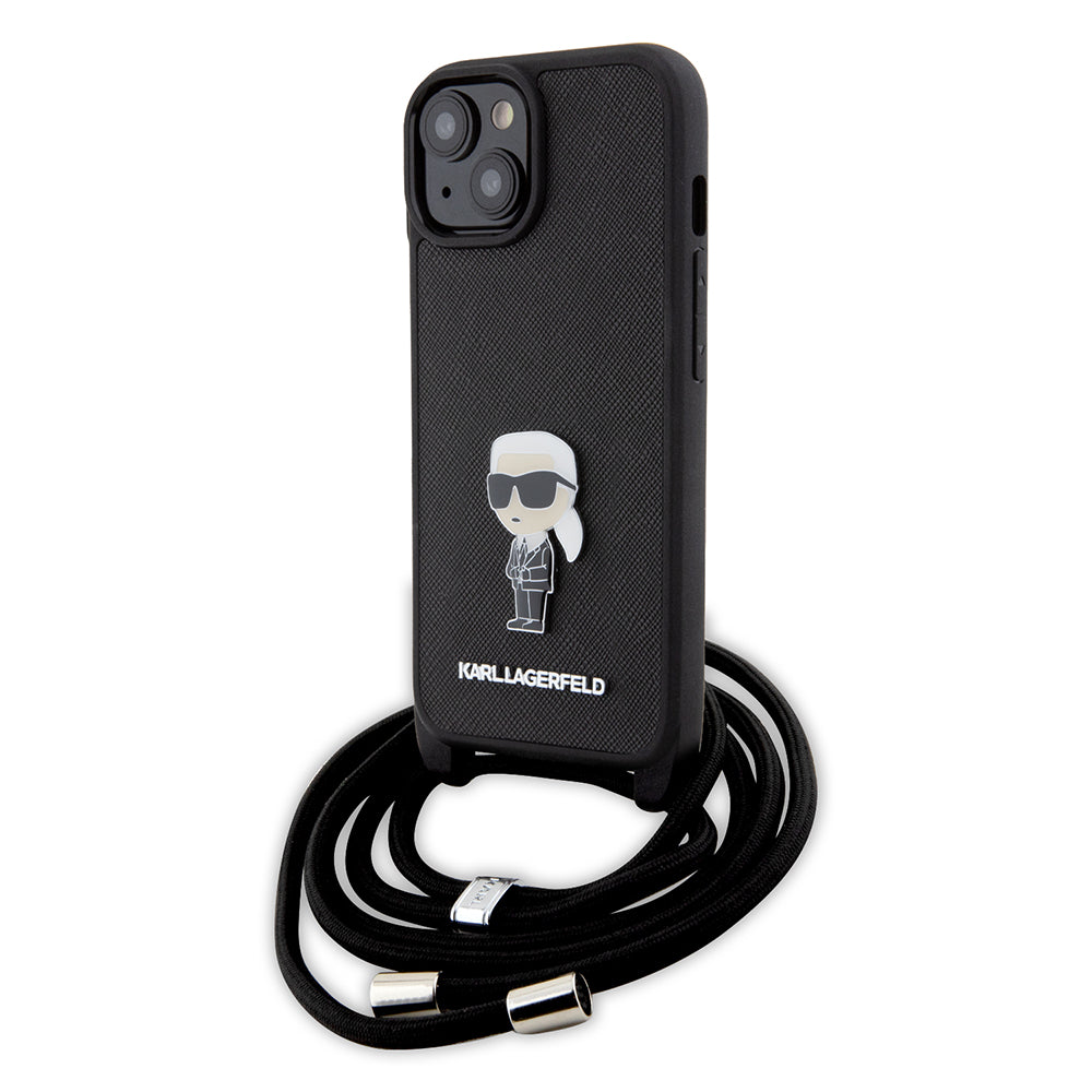 Deksel for Apple iPhone 15, Karl Lagerfeld, Saffiano Crossbody Monogram Metal Pin Karl, Svart