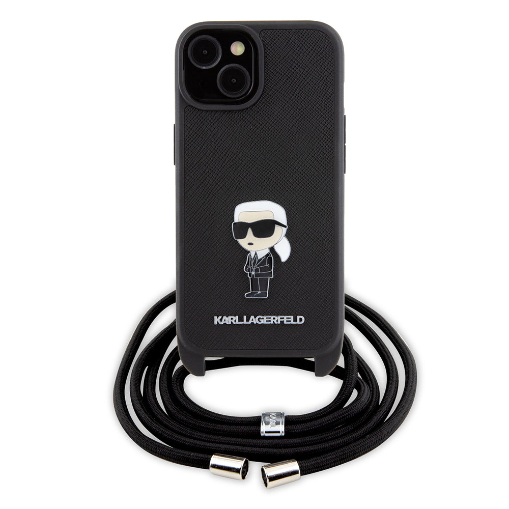 Deksel for Apple iPhone 15, Karl Lagerfeld, Saffiano Crossbody Monogram Metal Pin Karl, Svart