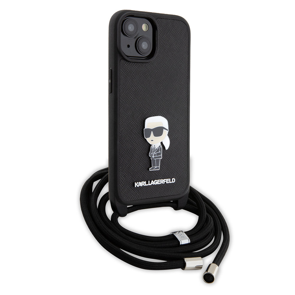 Deksel for Apple iPhone 15, Karl Lagerfeld, Saffiano Crossbody Monogram Metal Pin Karl, Svart