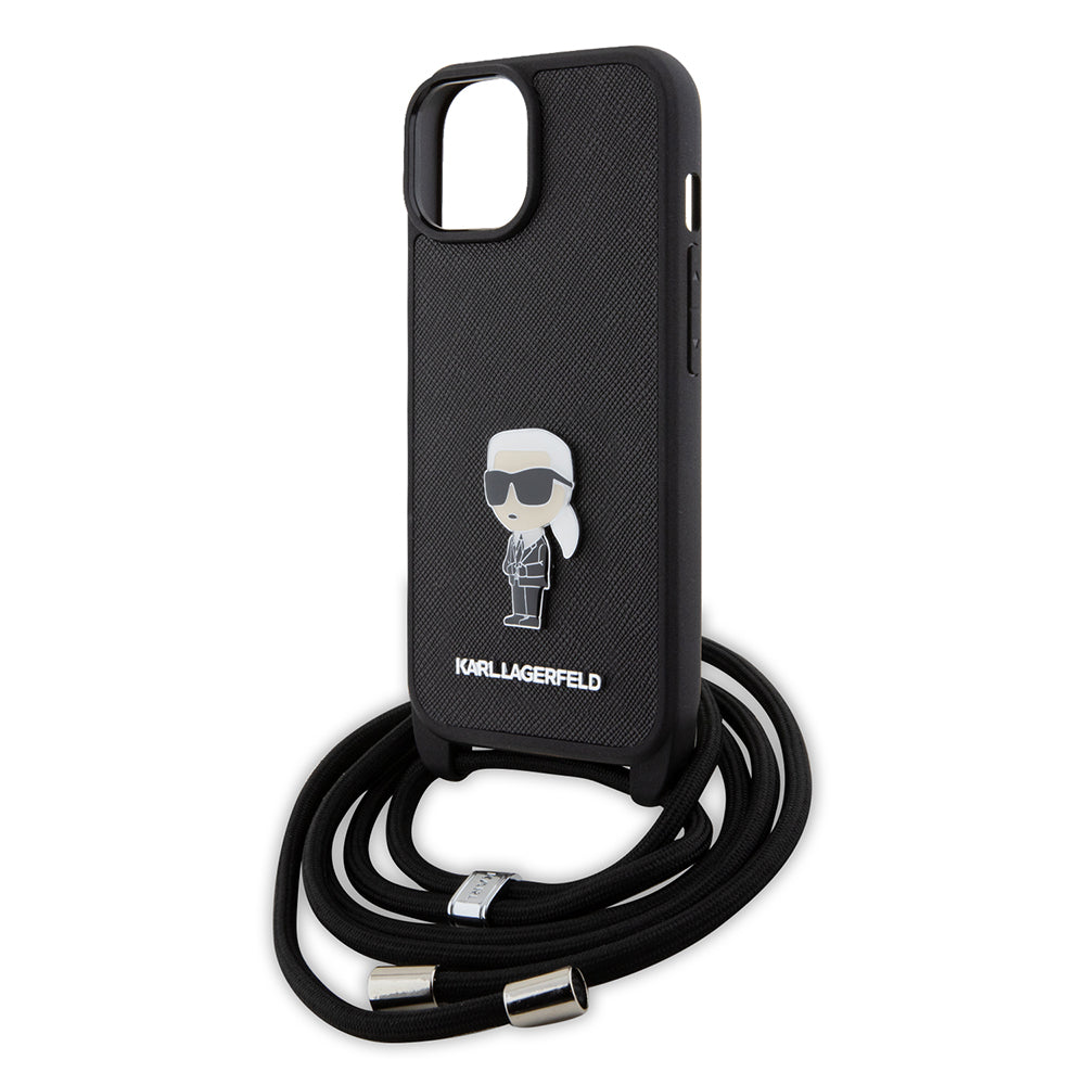 Deksel for Apple iPhone 15, Karl Lagerfeld, Saffiano Crossbody Monogram Metal Pin Karl, Svart