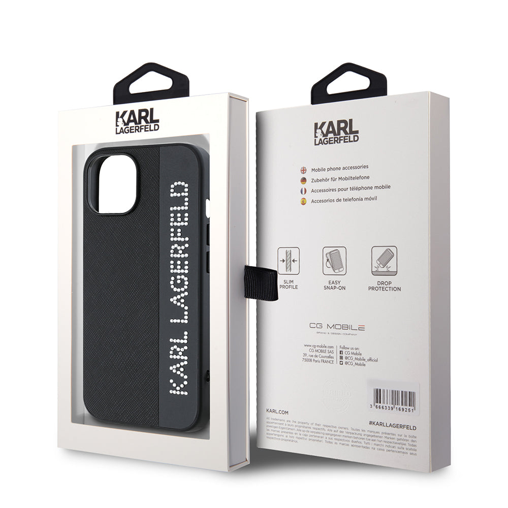 Deksel for Apple iPhone 15, Karl Lagerfeld, Saffiano Rhinestones & Charm, Svart