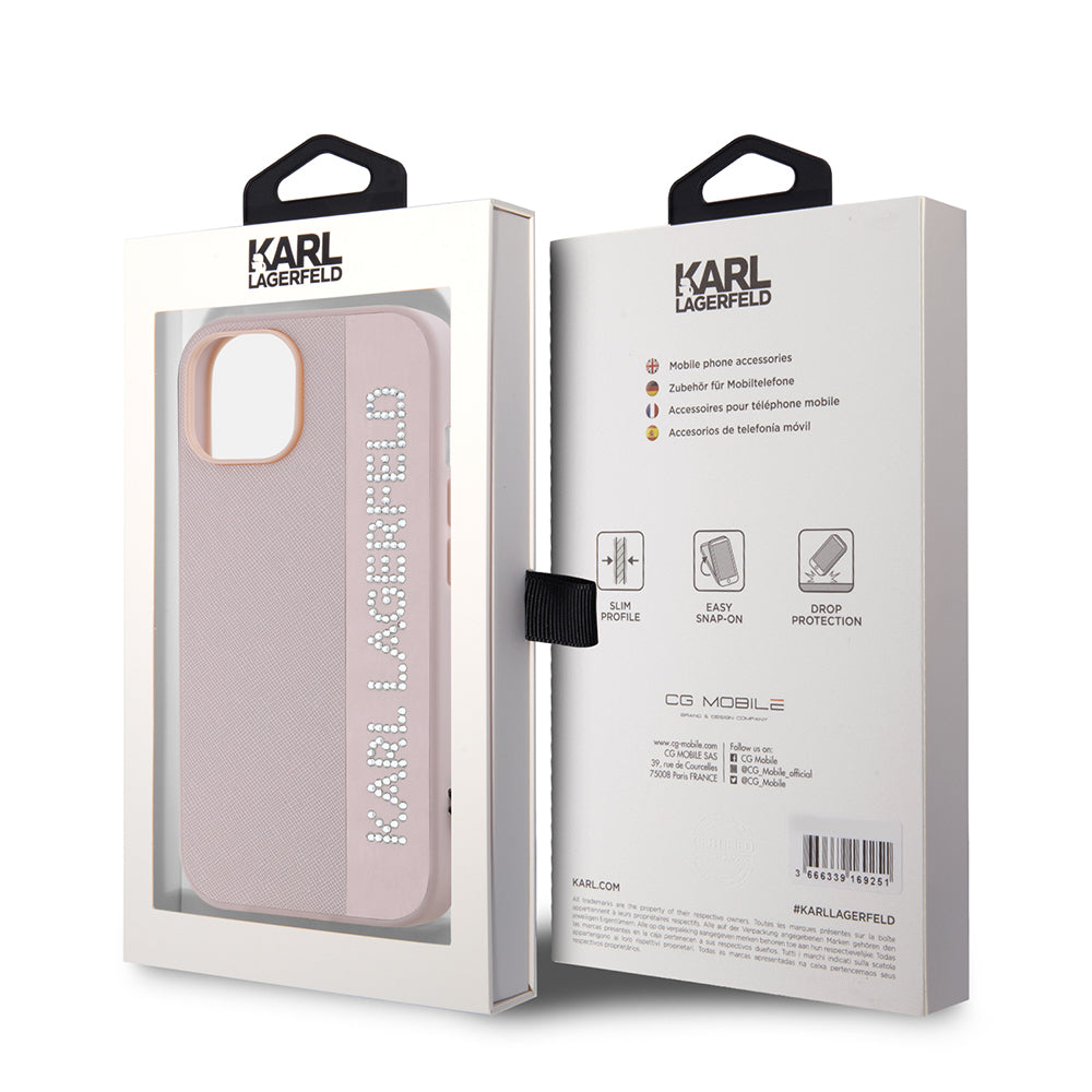 Deksel for Apple iPhone 15, Karl Lagerfeld, Saffiano Rhinestones & Charm, Rosa