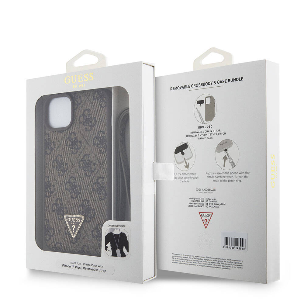 Deksel for Apple iPhone 15 Plus, Guess, Crossbody 4G Metal Logo, Brun
