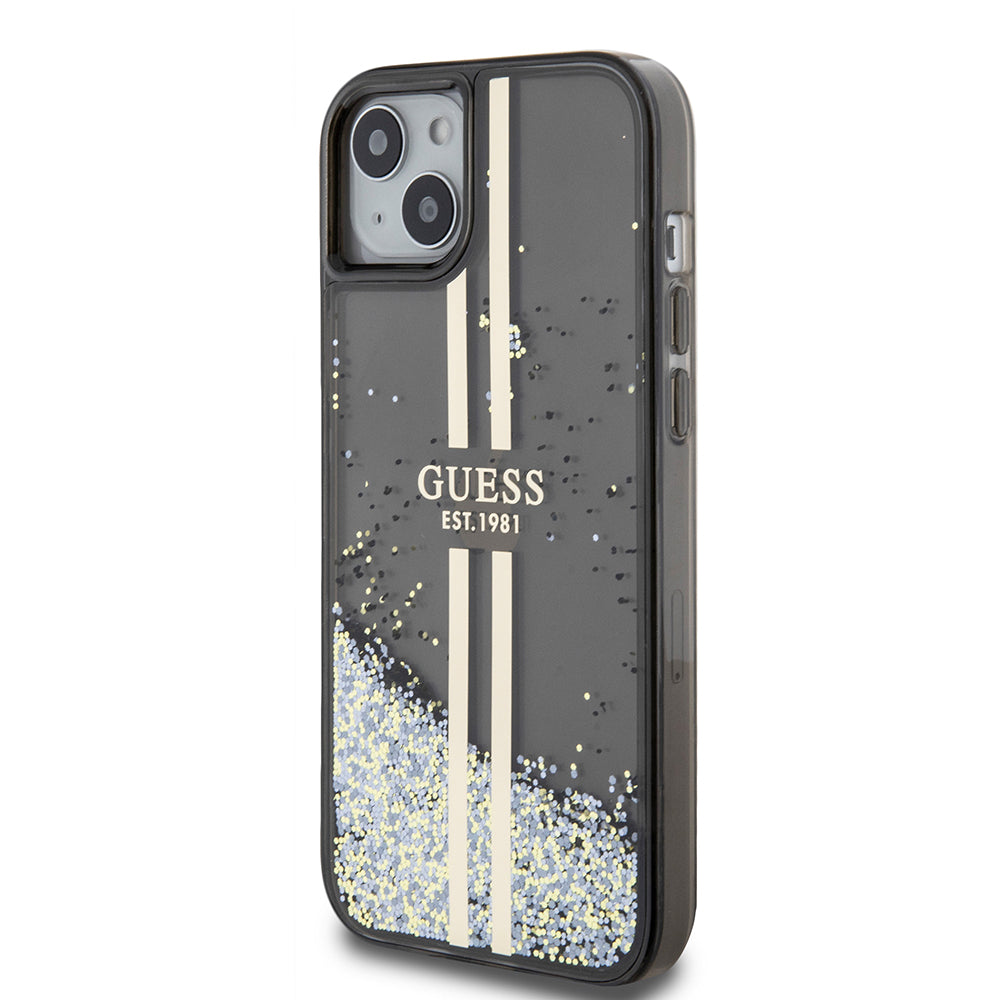 Deksel for Apple iPhone 15 Plus, Guess, Liquid Glitter Gold Stripes, Svart