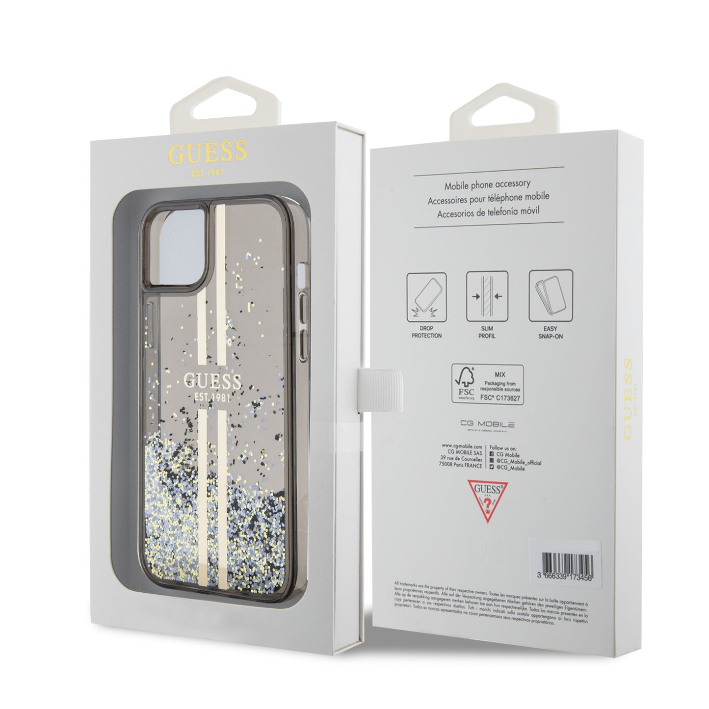 Deksel for Apple iPhone 15 Plus, Guess, Liquid Glitter Gold Stripes, Svart
