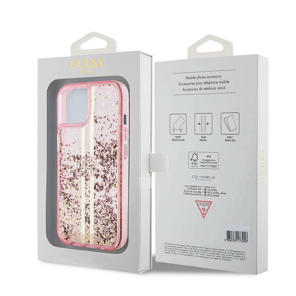 Deksel for Apple iPhone 15 Plus, Guess, Liquid Glitter Gold Stripes, Rosa
