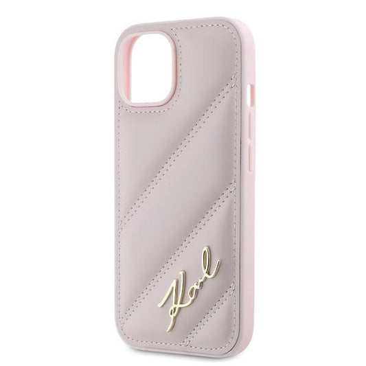 Deksel for Apple iPhone 15 Plus, Karl Lagerfeld, Diagonal Quilted Script, Rosa