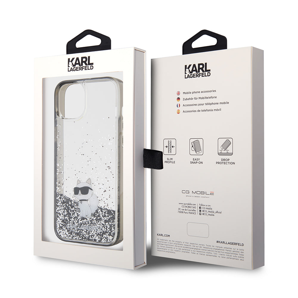 Deksel for Apple iPhone 15 Plus, Karl Lagerfeld, Liquid Glitter Choupette, Gjennomsiktig