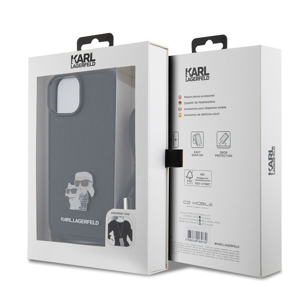 Deksel for Apple iPhone 15 Plus, Karl Lagerfeld, Saffiano Crossbody Metal Pin Karl & Choupette, Svart