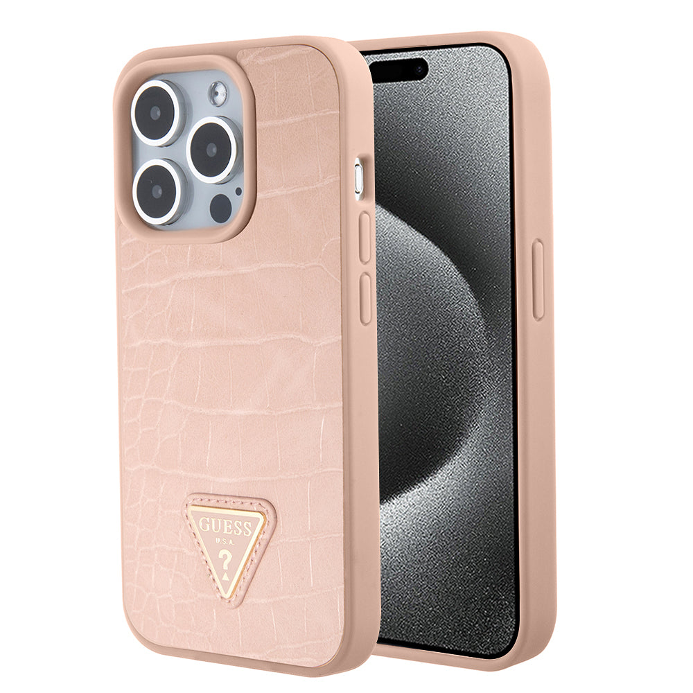 Deksel for Apple iPhone 15 Pro, Guess, Croco Triangle Metal Logo, Rosa