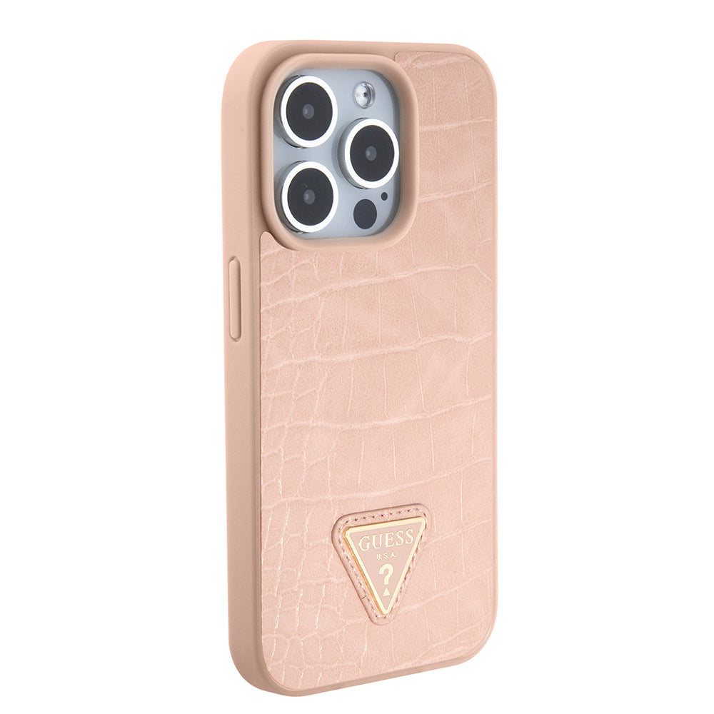 Deksel for Apple iPhone 15 Pro, Guess, Croco Triangle Metal Logo, Rosa