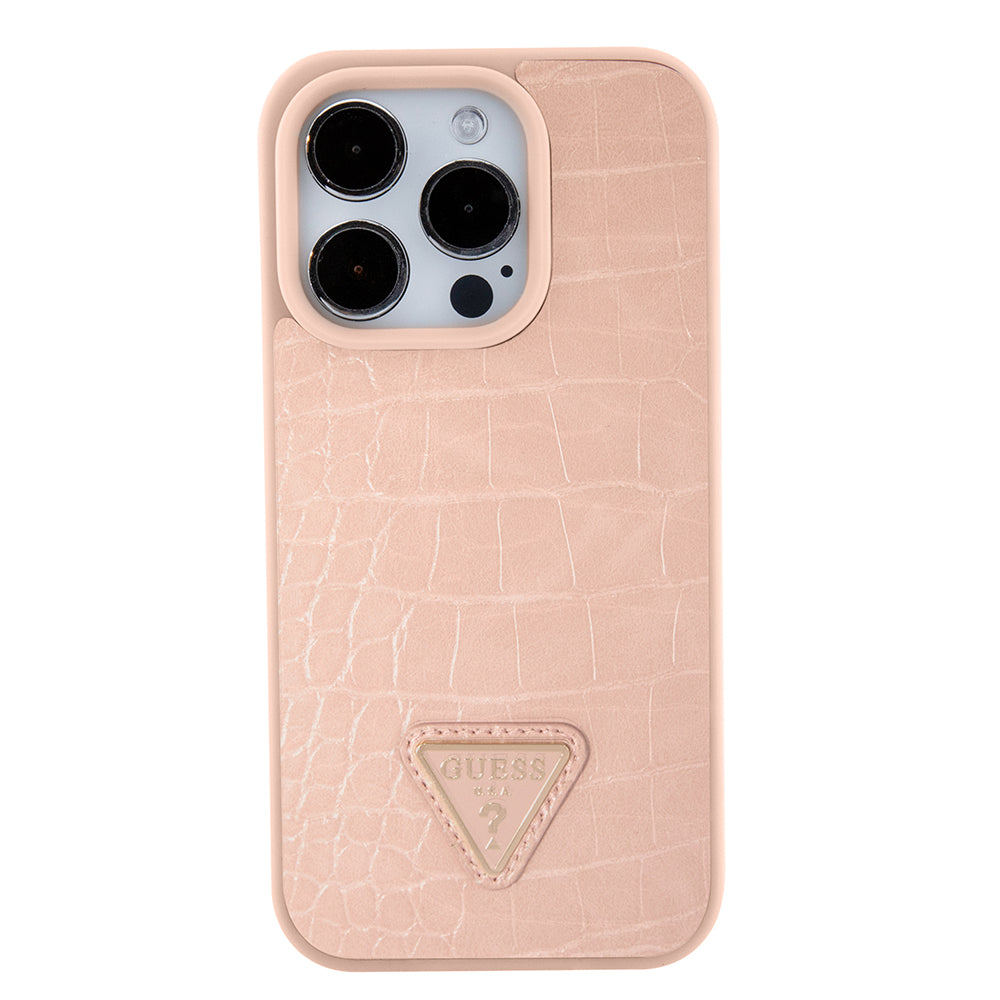 Deksel for Apple iPhone 15 Pro, Guess, Croco Triangle Metal Logo, Rosa