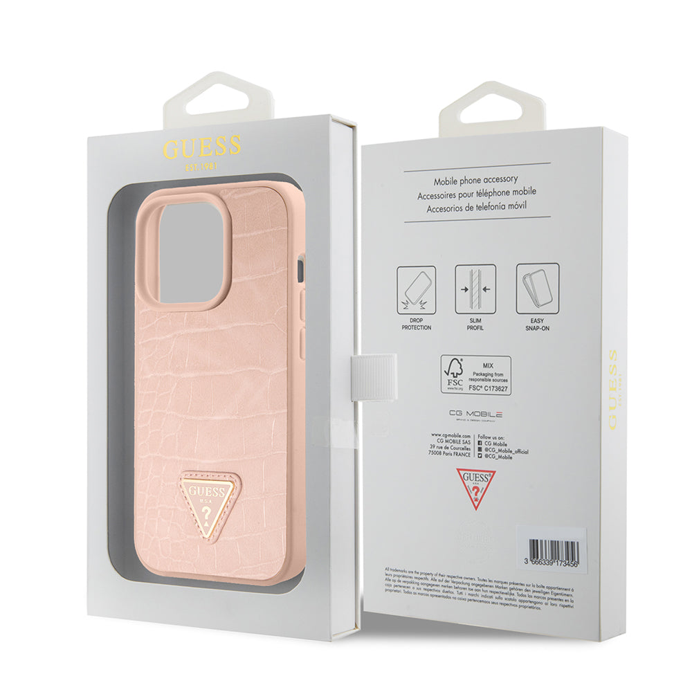 Deksel for Apple iPhone 15 Pro, Guess, Croco Triangle Metal Logo, Rosa
