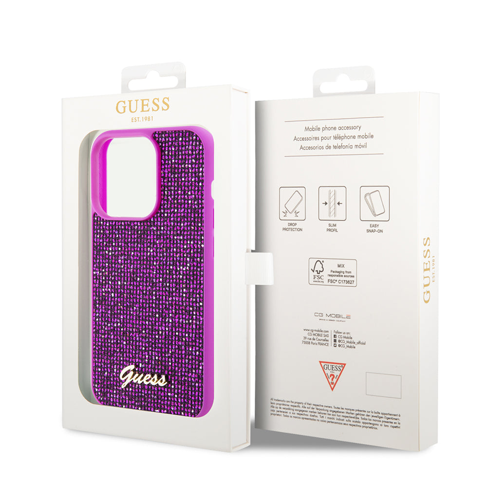 Deksel for Apple iPhone 15 Pro, Guess, Disco Metal Script, Fuchsia