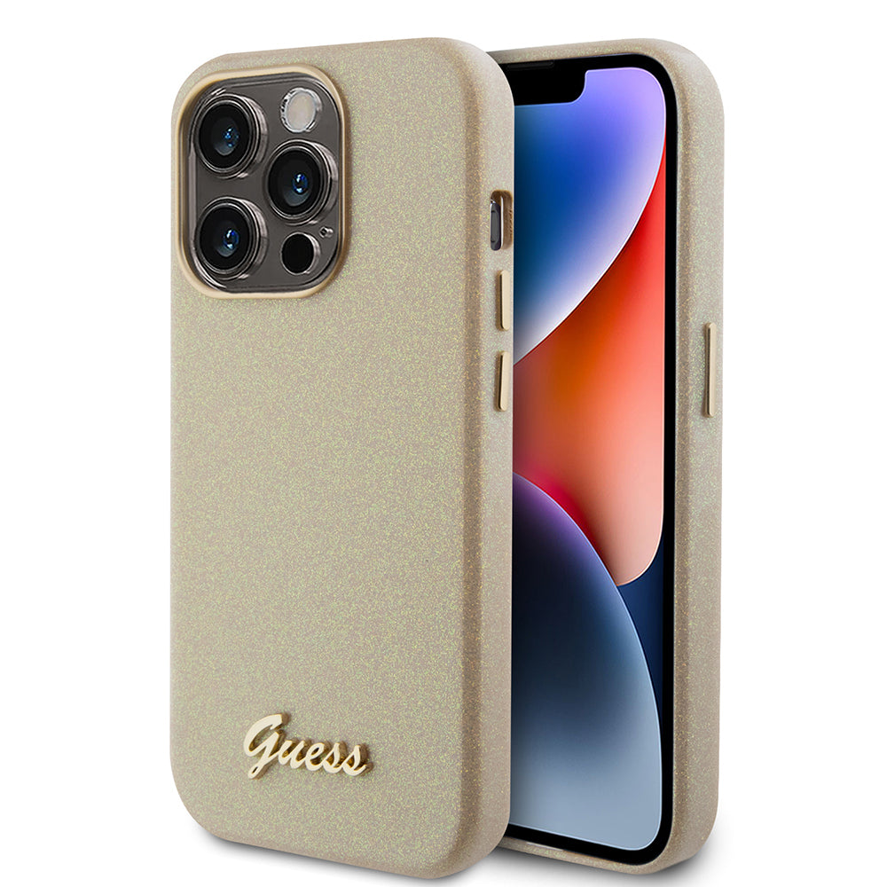 Deksel for Apple iPhone 15 Pro, Guess, Glitter Glossy Script, Beige