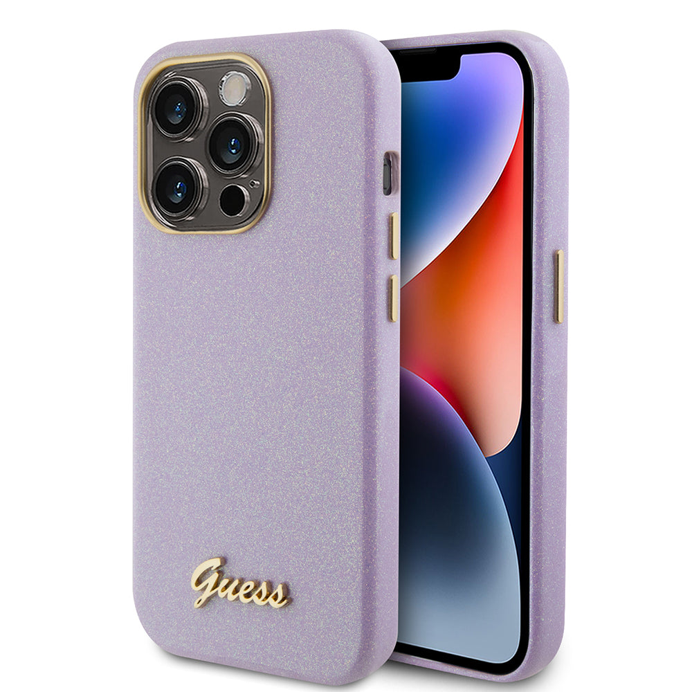 Deksel for Apple iPhone 15 Pro, Guess, Glitter Glossy Script, Lys Lilla