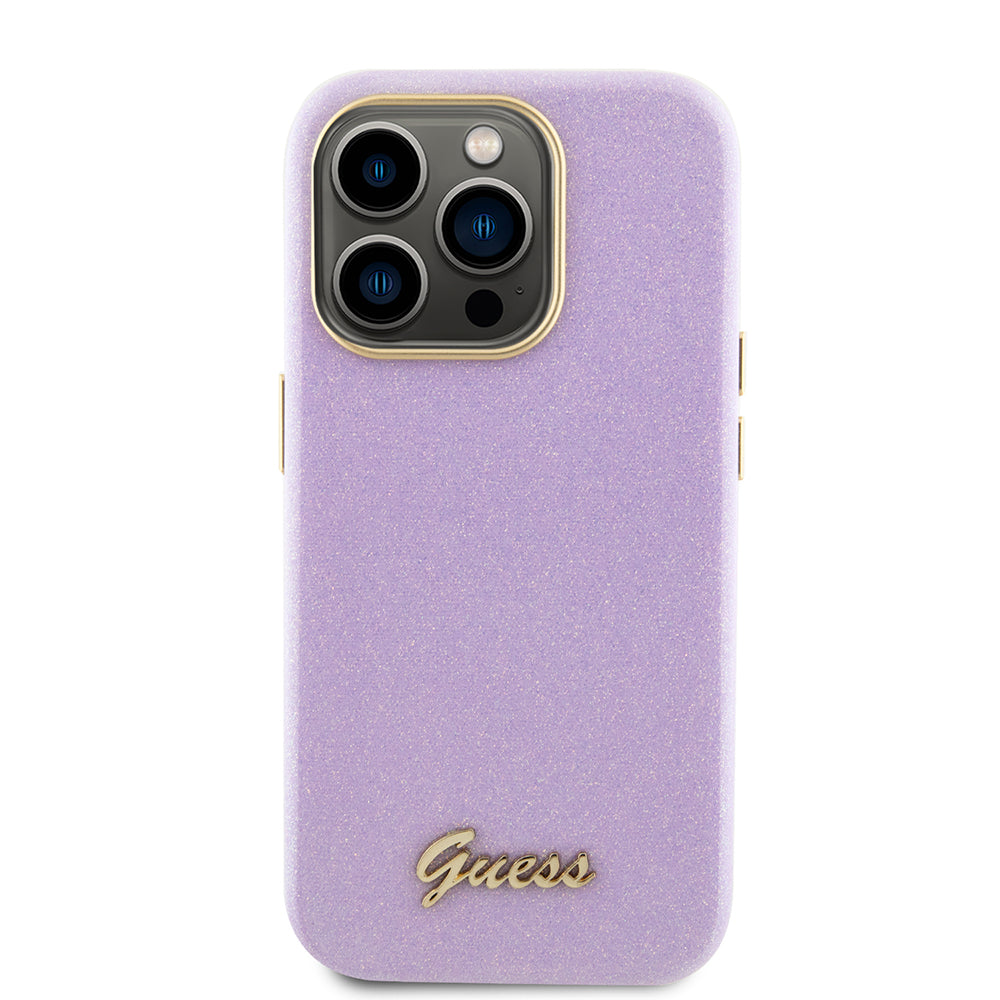 Deksel for Apple iPhone 15 Pro, Guess, Glitter Glossy Script, Lys Lilla