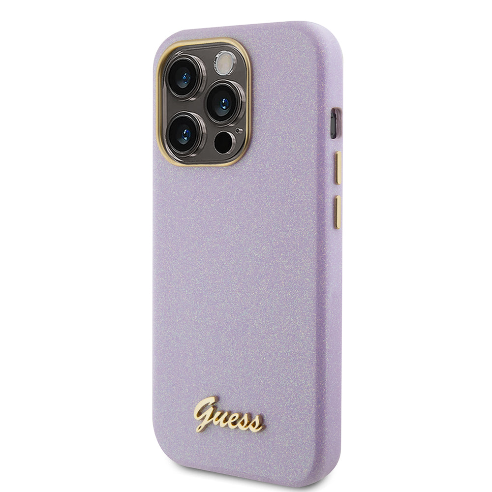 Deksel for Apple iPhone 15 Pro, Guess, Glitter Glossy Script, Lys Lilla