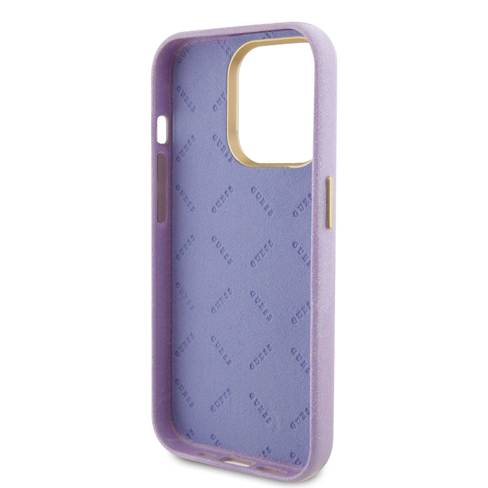 Deksel for Apple iPhone 15 Pro, Guess, Glitter Glossy Script, Lys Lilla