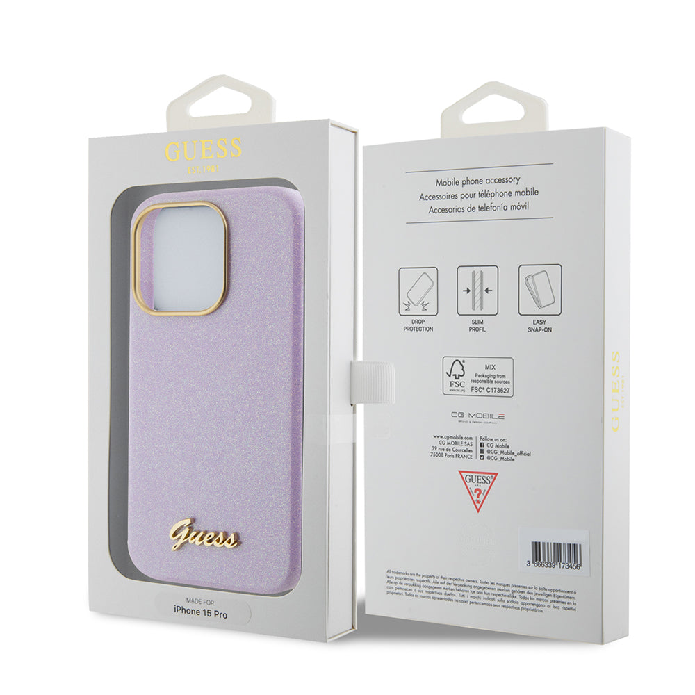 Deksel for Apple iPhone 15 Pro, Guess, Glitter Glossy Script, Lys Lilla