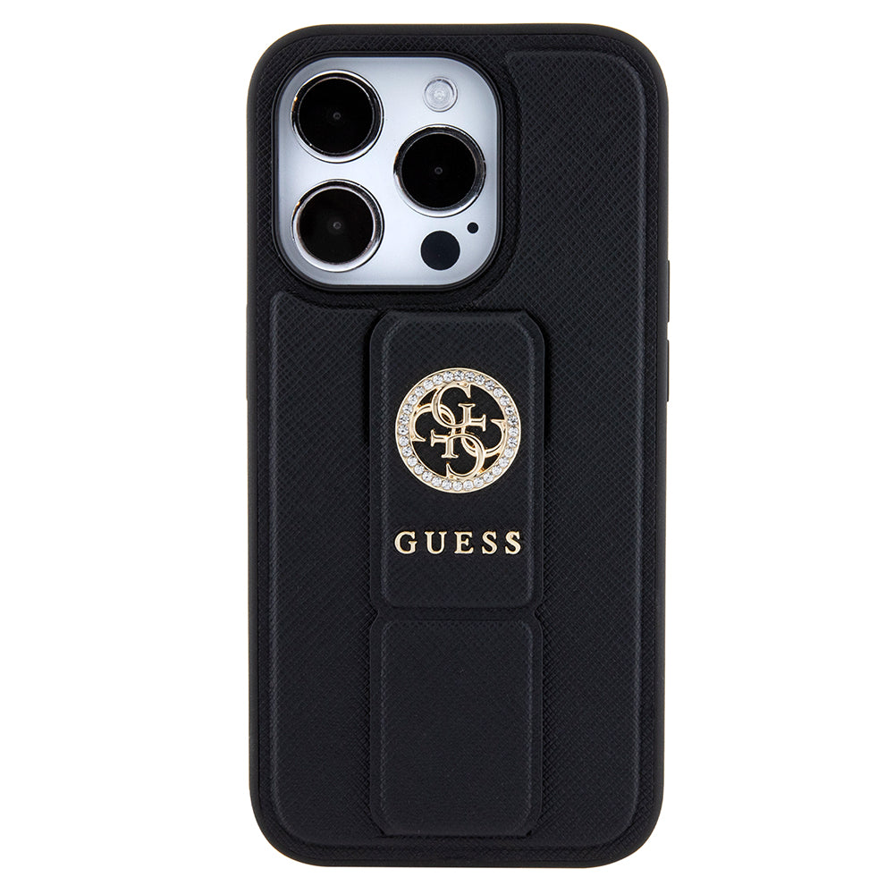 Deksel for Apple iPhone 15 Pro, Guess, Grip Stand 4G Saffiano Strass, Svart