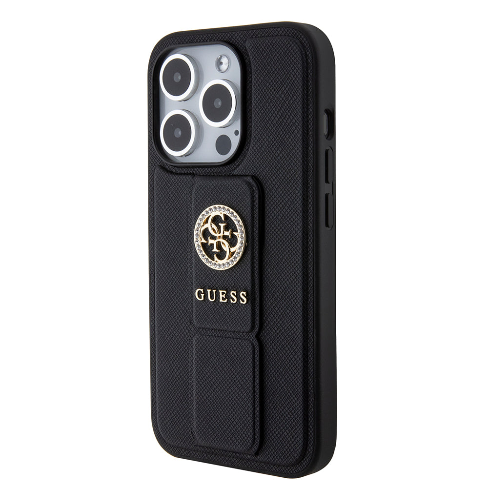 Deksel for Apple iPhone 15 Pro, Guess, Grip Stand 4G Saffiano Strass, Svart