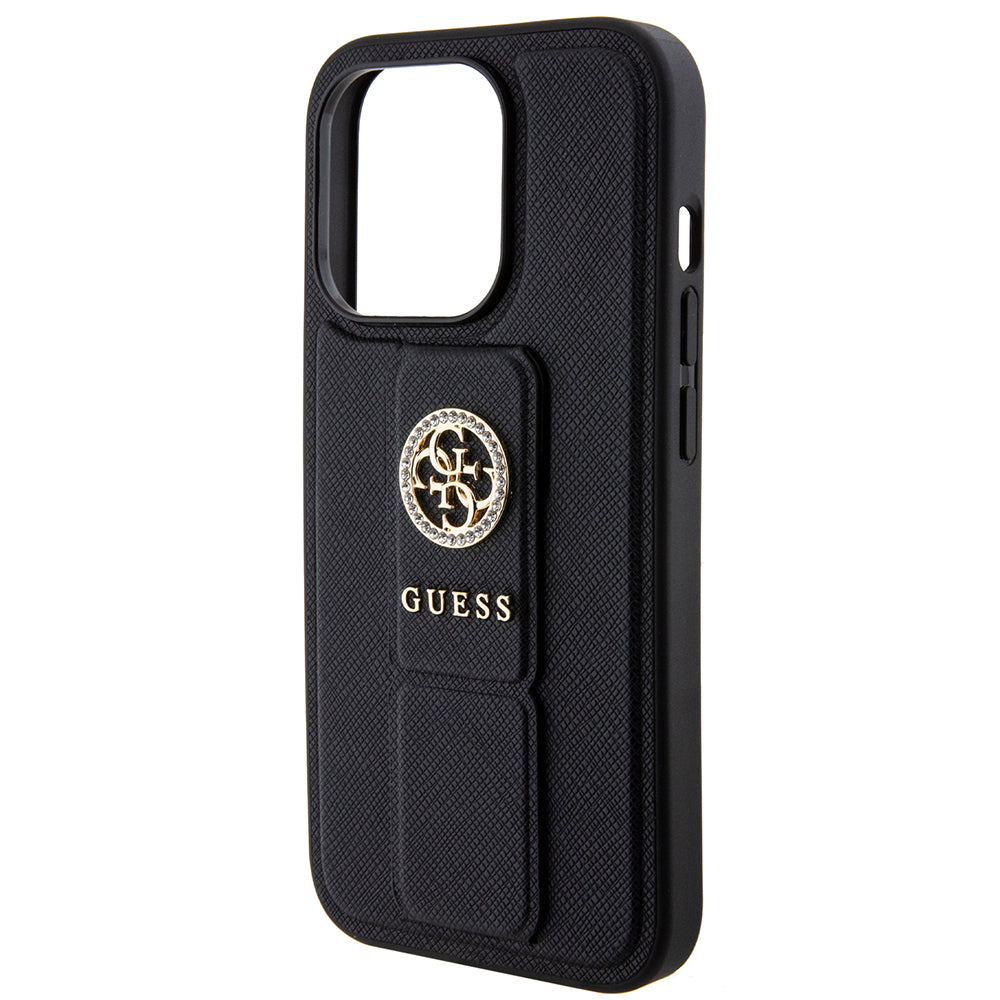 Deksel for Apple iPhone 15 Pro, Guess, Grip Stand 4G Saffiano Strass, Svart