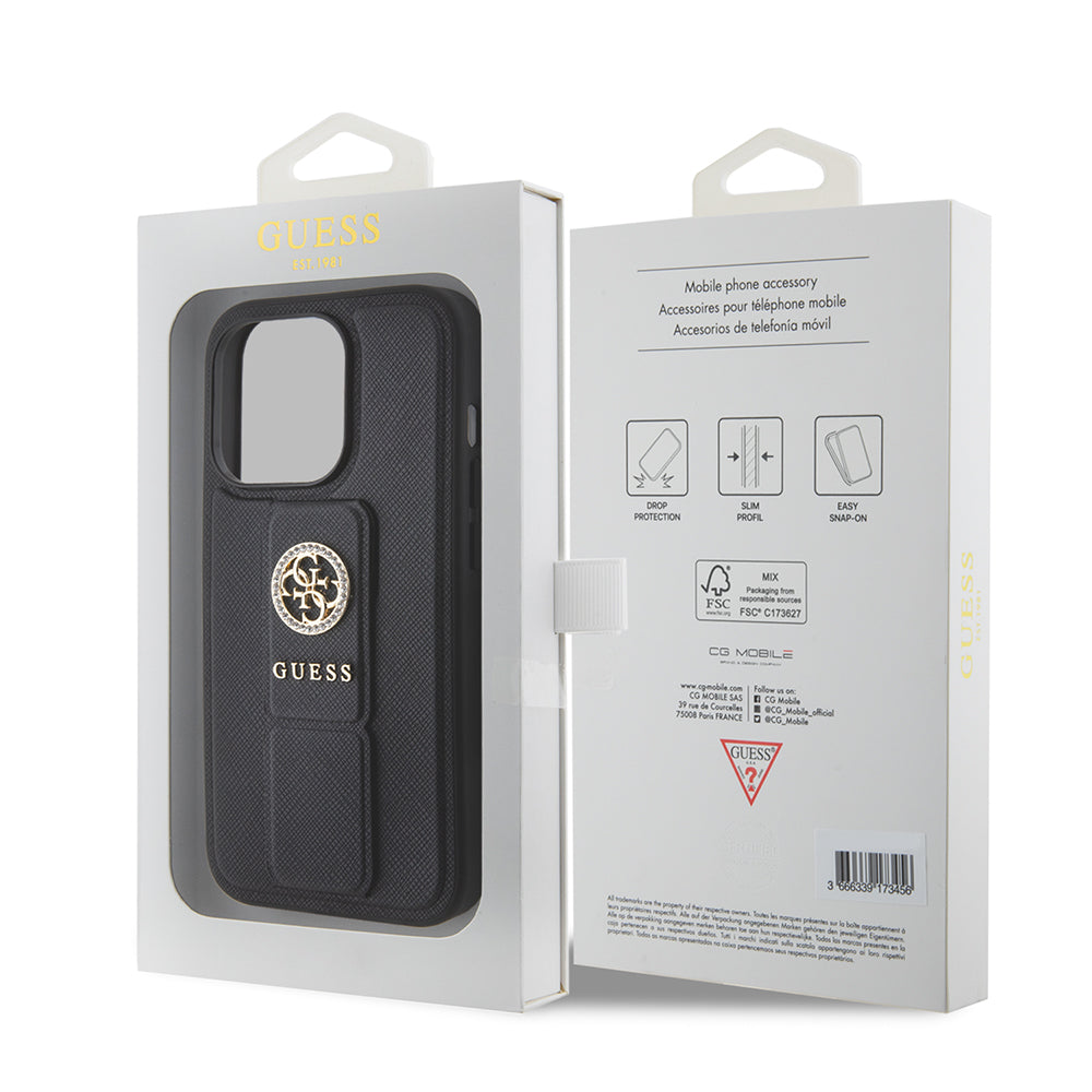 Deksel for Apple iPhone 15 Pro, Guess, Grip Stand 4G Saffiano Strass, Svart