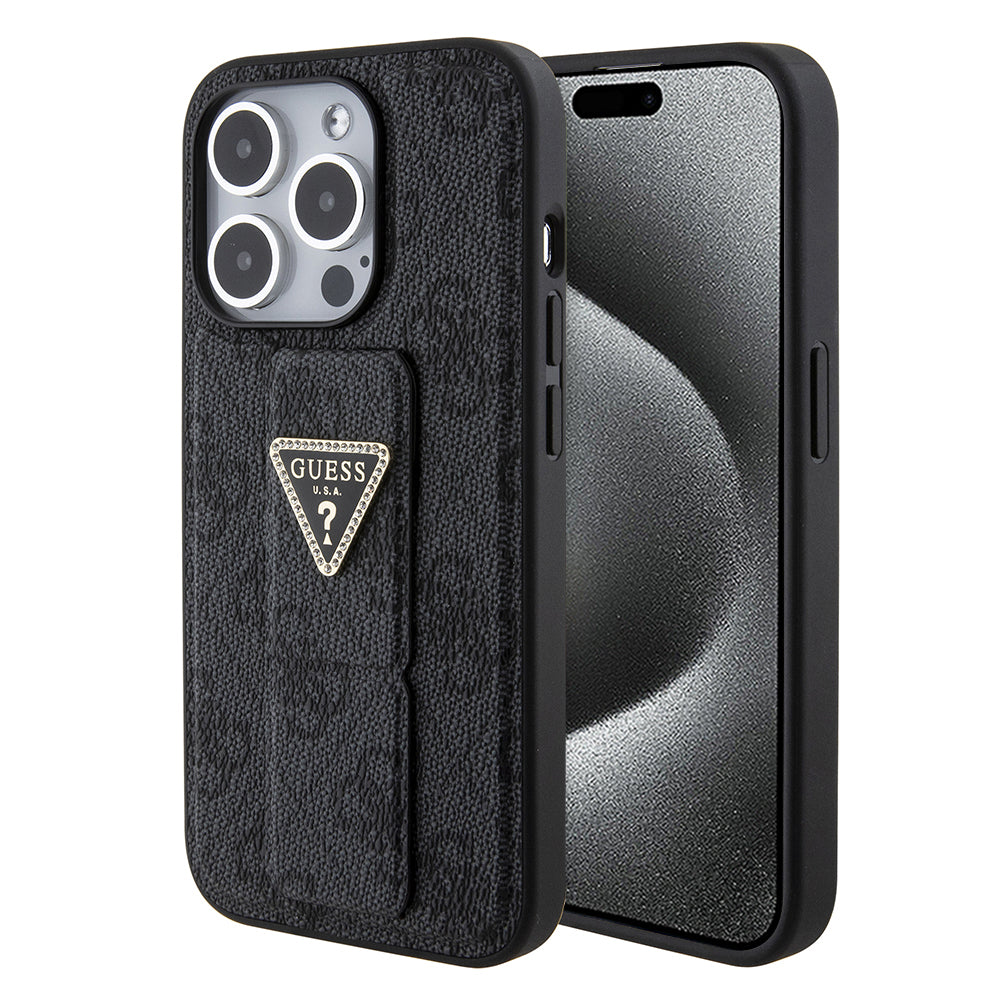 Deksel for Apple iPhone 15 Pro, Guess, Grip Stand 4G Triangle Strass, Svart