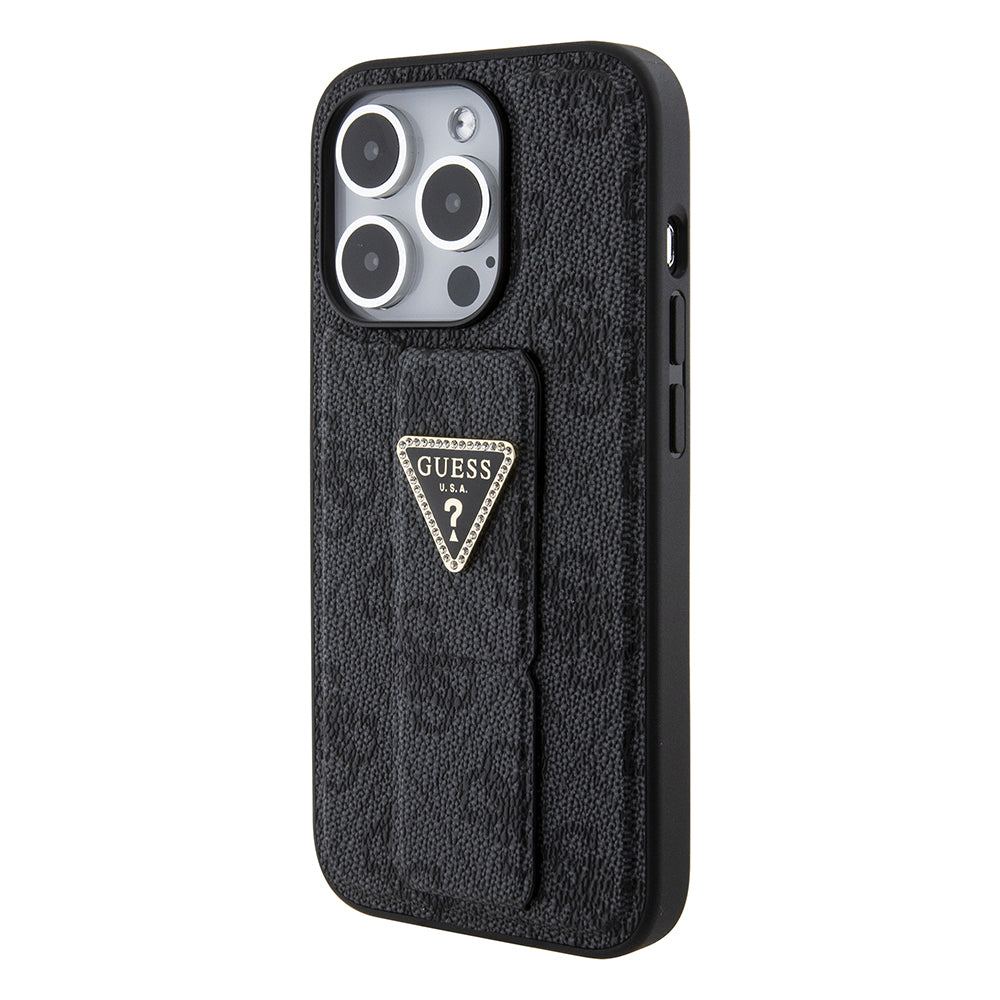 Deksel for Apple iPhone 15 Pro, Guess, Grip Stand 4G Triangle Strass, Svart