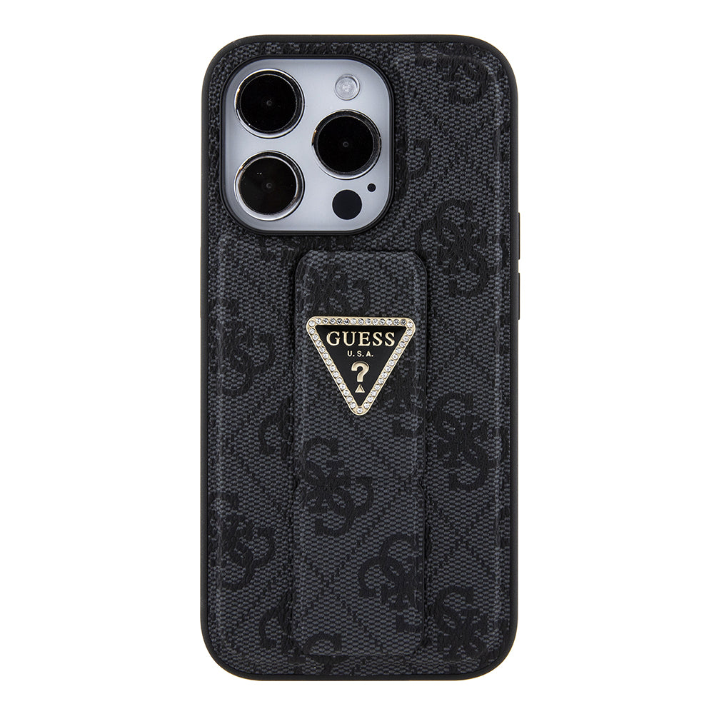Deksel for Apple iPhone 15 Pro, Guess, Grip Stand 4G Triangle Strass, Svart