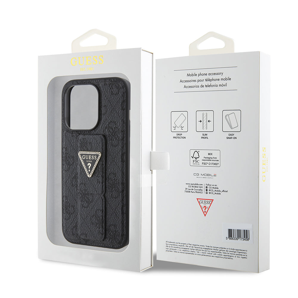 Deksel for Apple iPhone 15 Pro, Guess, Grip Stand 4G Triangle Strass, Svart