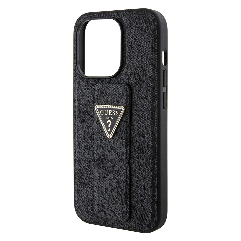 Deksel for Apple iPhone 15 Pro, Guess, Grip Stand 4G Triangle Strass, Svart