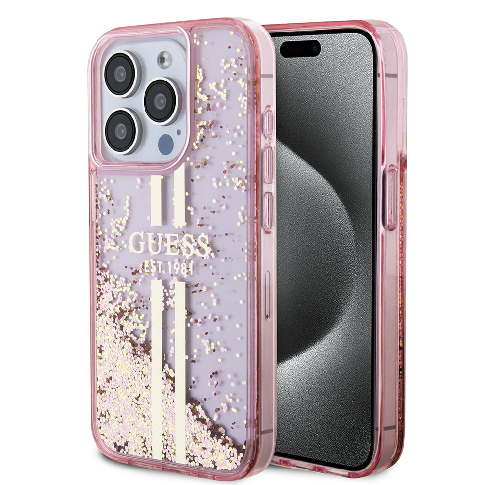 Deksel for Apple iPhone 15 Pro, Guess, Liquid Glitter Gold Stripes, Rosa