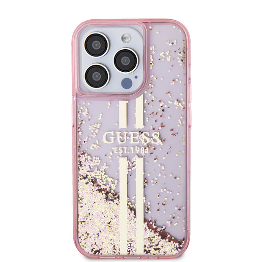 Deksel for Apple iPhone 15 Pro, Guess, Liquid Glitter Gold Stripes, Rosa