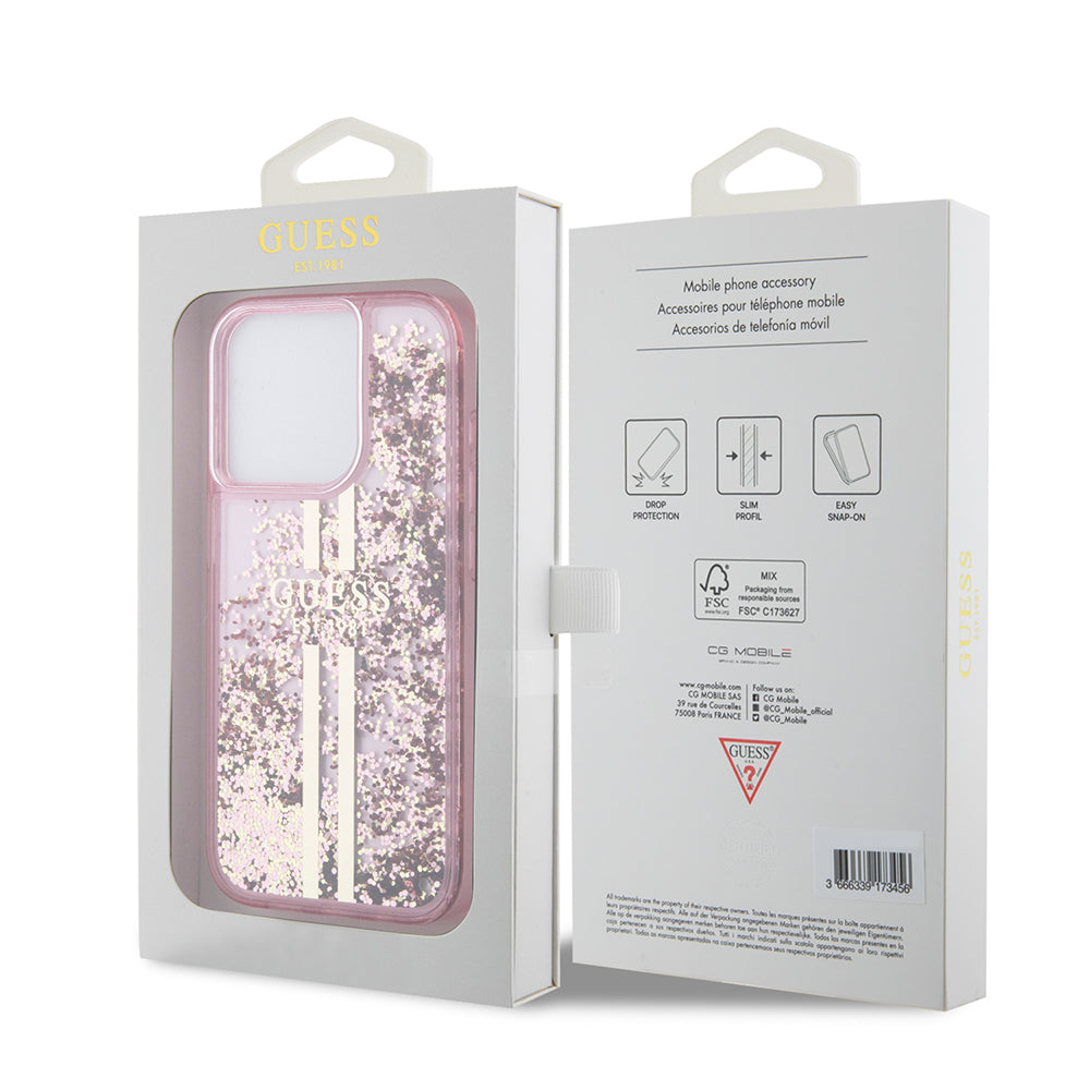 Deksel for Apple iPhone 15 Pro, Guess, Liquid Glitter Gold Stripes, Rosa