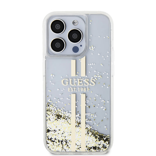 Deksel for Apple iPhone 15 Pro, Guess, Liquid Glitter Gold Stripes, Gjennomsiktig