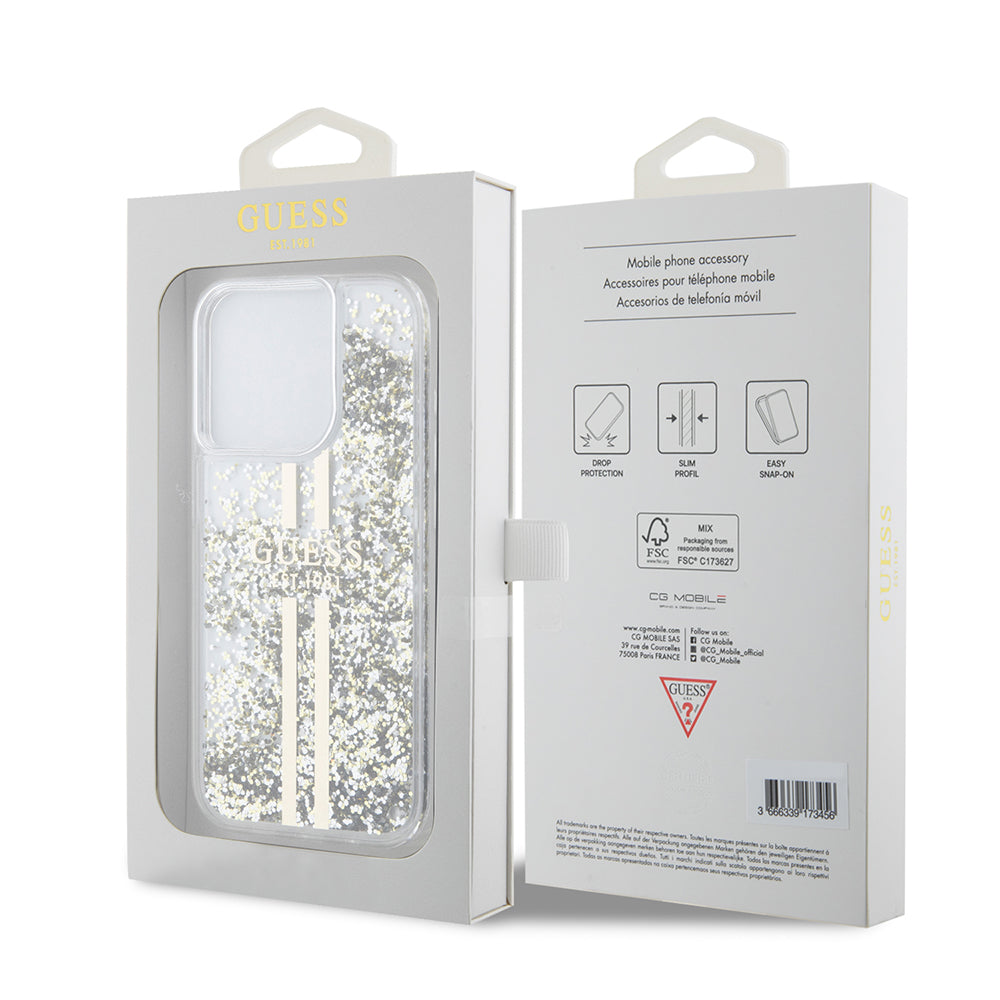 Deksel for Apple iPhone 15 Pro, Guess, Liquid Glitter Gold Stripes, Gjennomsiktig