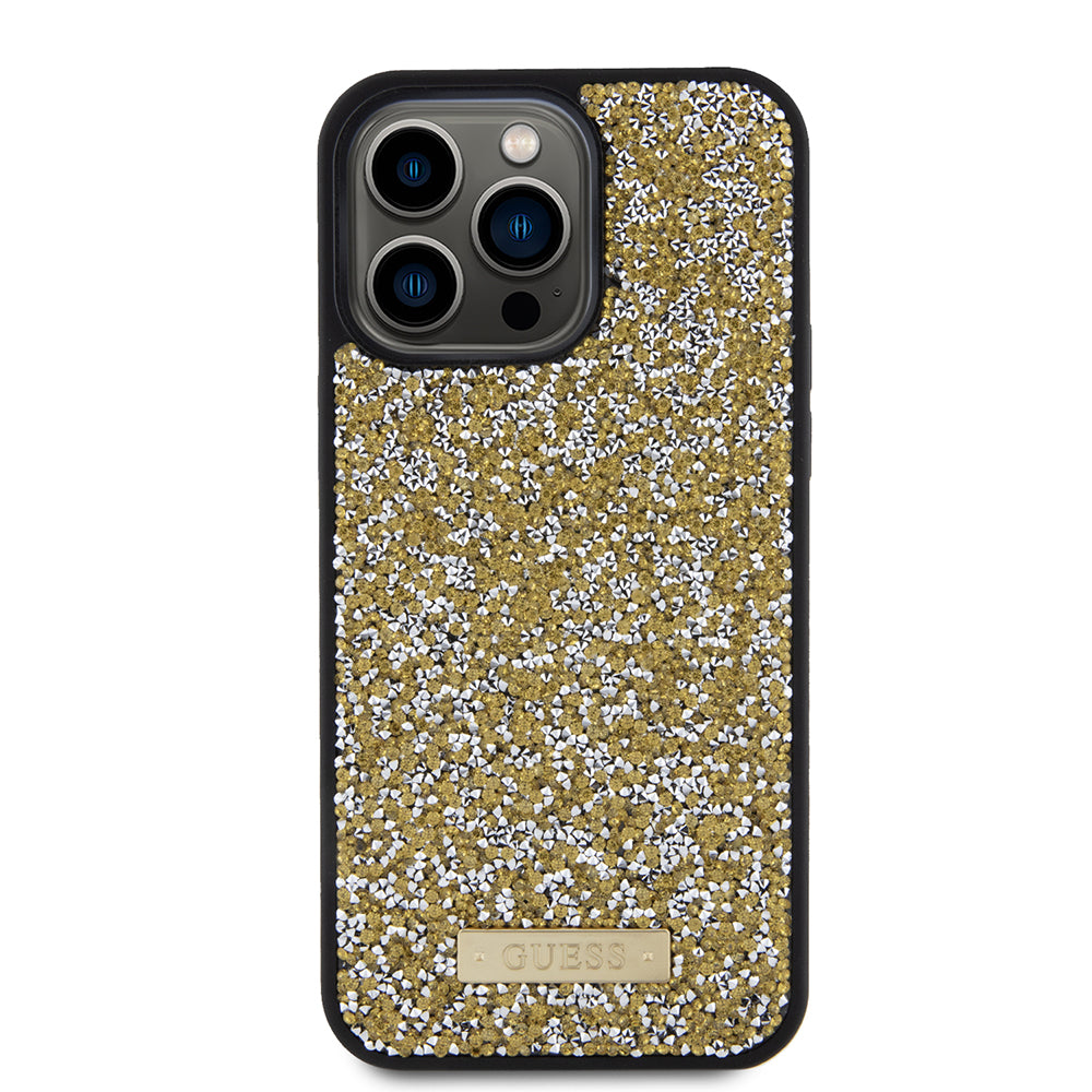 Deksel for Apple iPhone 15 Pro, Guess, Rhinestone Metal Logo, Gul