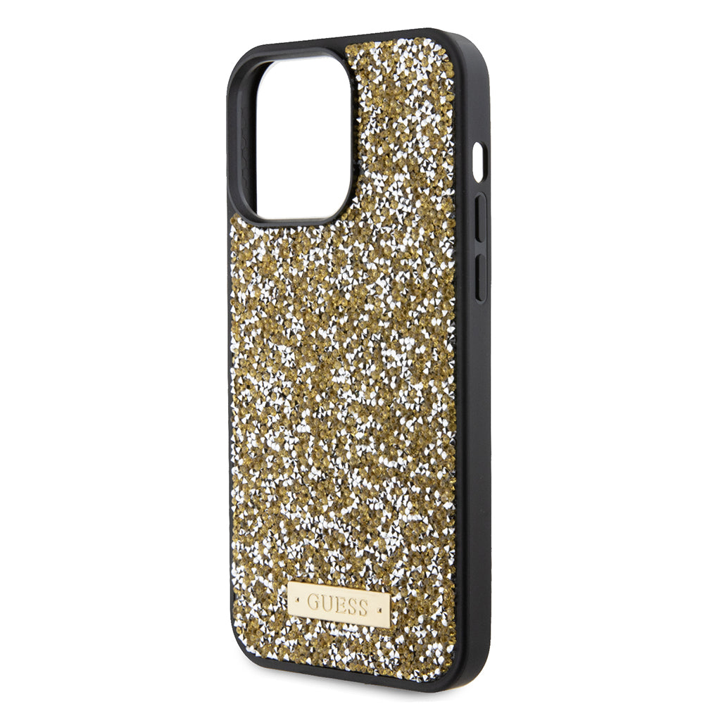Deksel for Apple iPhone 15 Pro, Guess, Rhinestone Metal Logo, Gul
