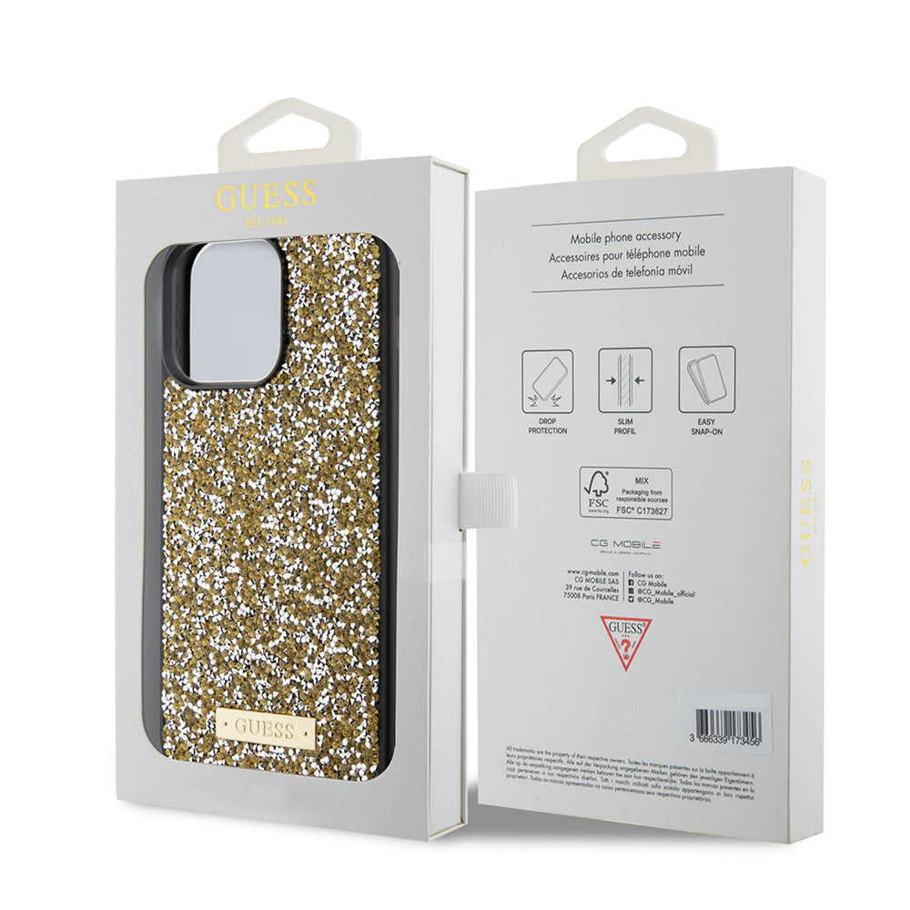Deksel for Apple iPhone 15 Pro, Guess, Rhinestone Metal Logo, Gul