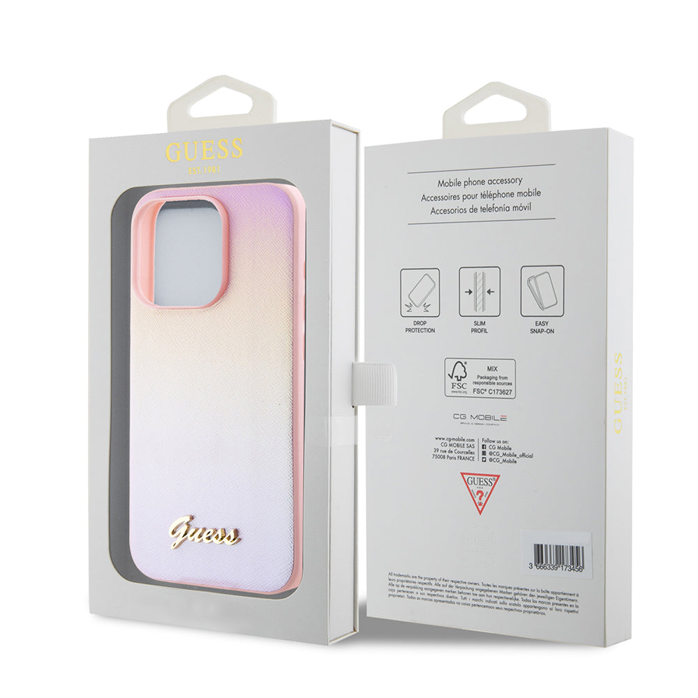 Deksel for Apple iPhone 15 Pro, Guess, Saffiano Iridescent Script, Rosa