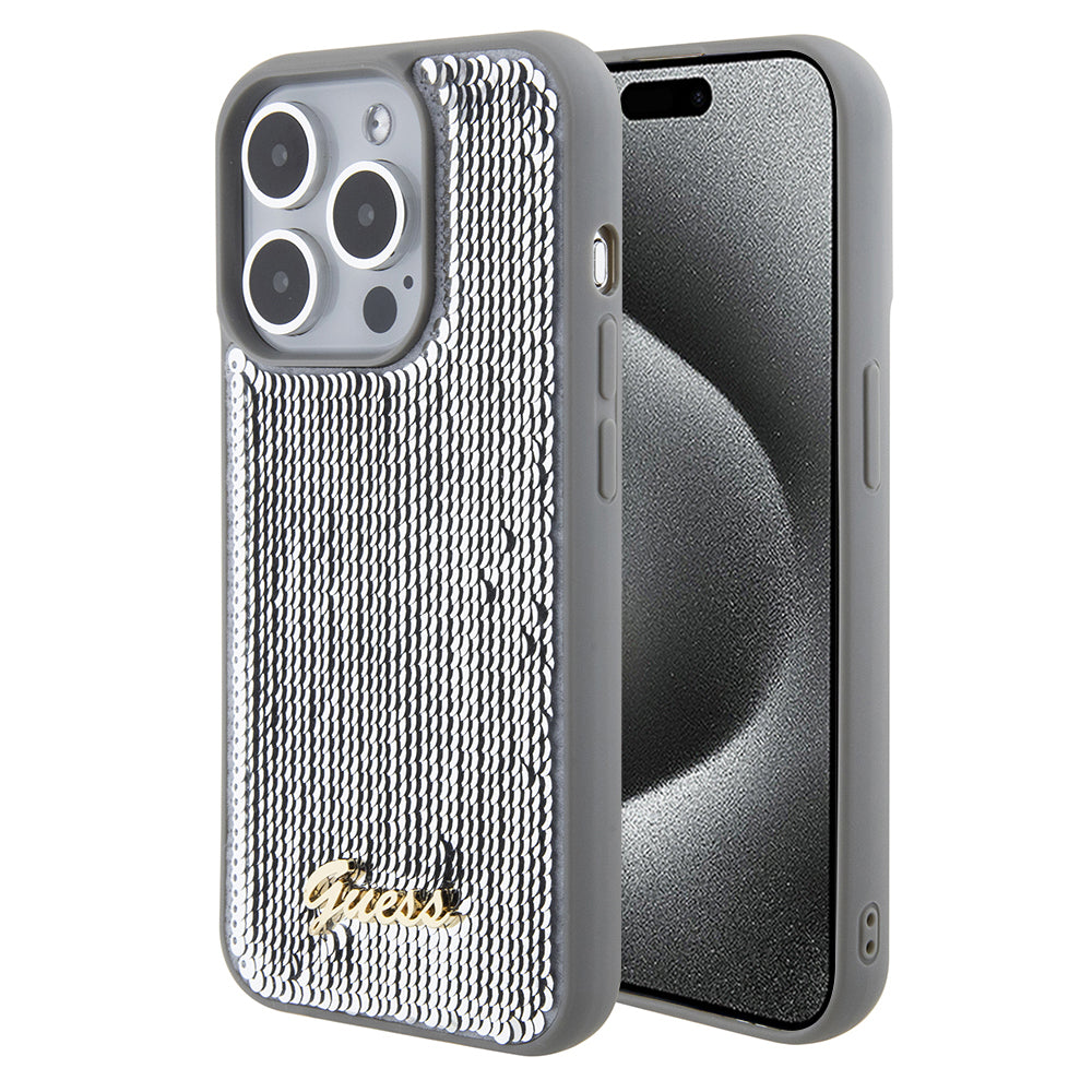 Deksel for Apple iPhone 15 Pro, Guess, Sequin Script Metal, Sølv