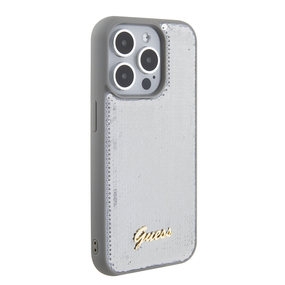 Deksel for Apple iPhone 15 Pro, Guess, Sequin Script Metal, Sølv