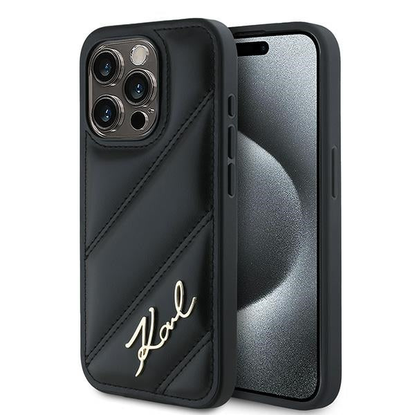 Deksel for Apple iPhone 15 Pro, Karl Lagerfeld, Diagonal Quilted Script, Svart