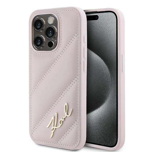 Deksel for Apple iPhone 15 Pro, Karl Lagerfeld, Diagonal Quilted Script, Rosa