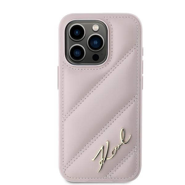Deksel for Apple iPhone 15 Pro, Karl Lagerfeld, Diagonal Quilted Script, Rosa